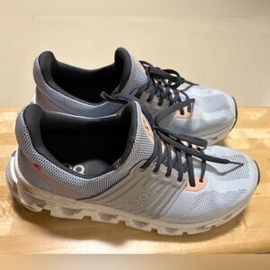 On Running Gray and Pink Athletic Shoes